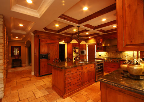 Custom coffered-ceiling kitchen built by Mike McCloud Construction